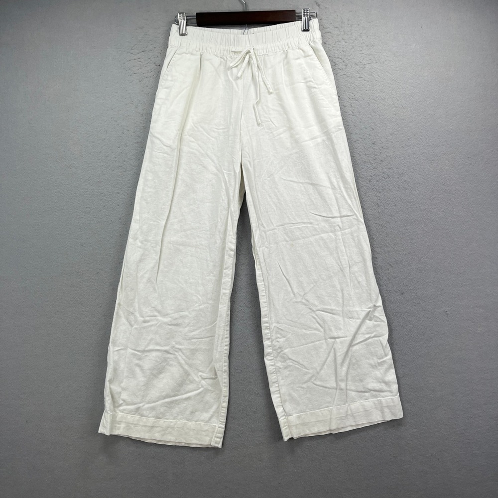 A New Day Pants Womens XS White Linen Bamboo Wide Leg Drawstring Casual Coastal